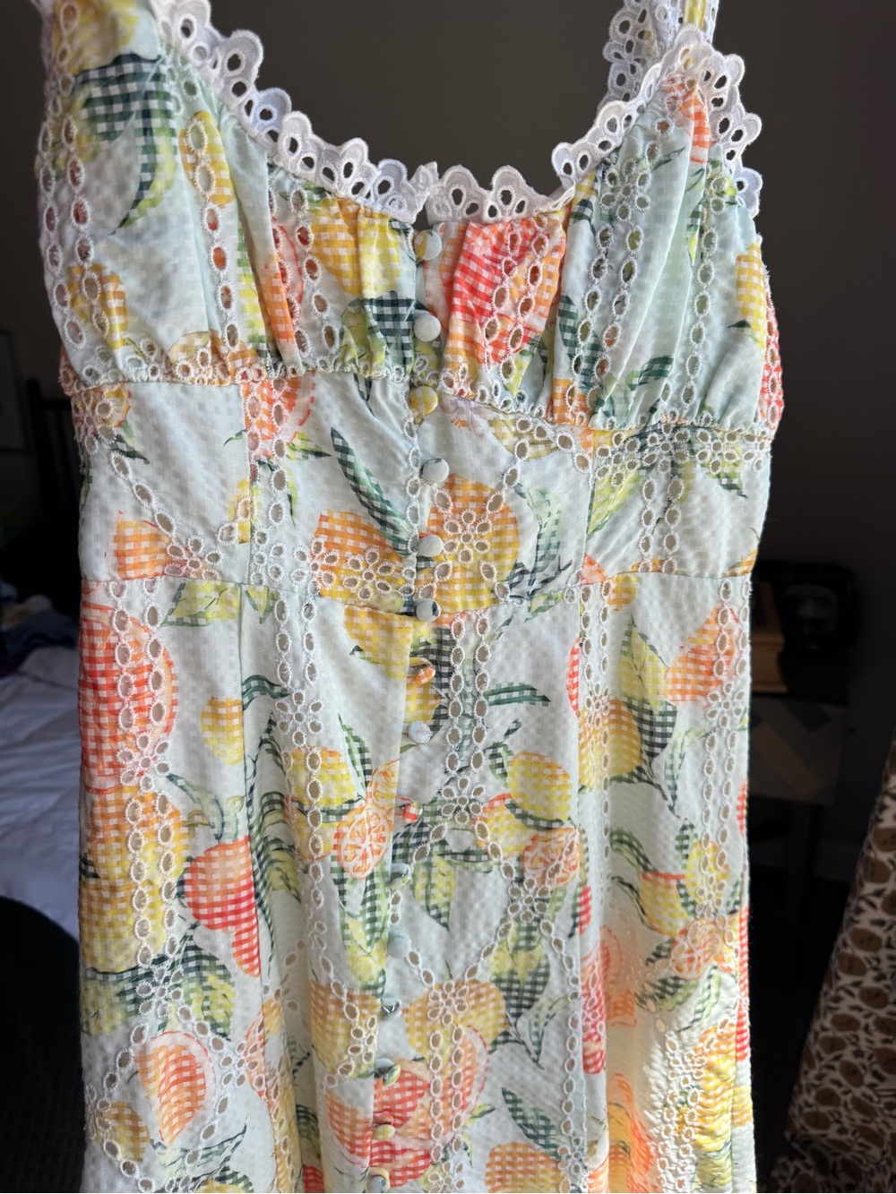 Sunny Lemon and Orange Print Eyelet sleeveless lined Midi Dress